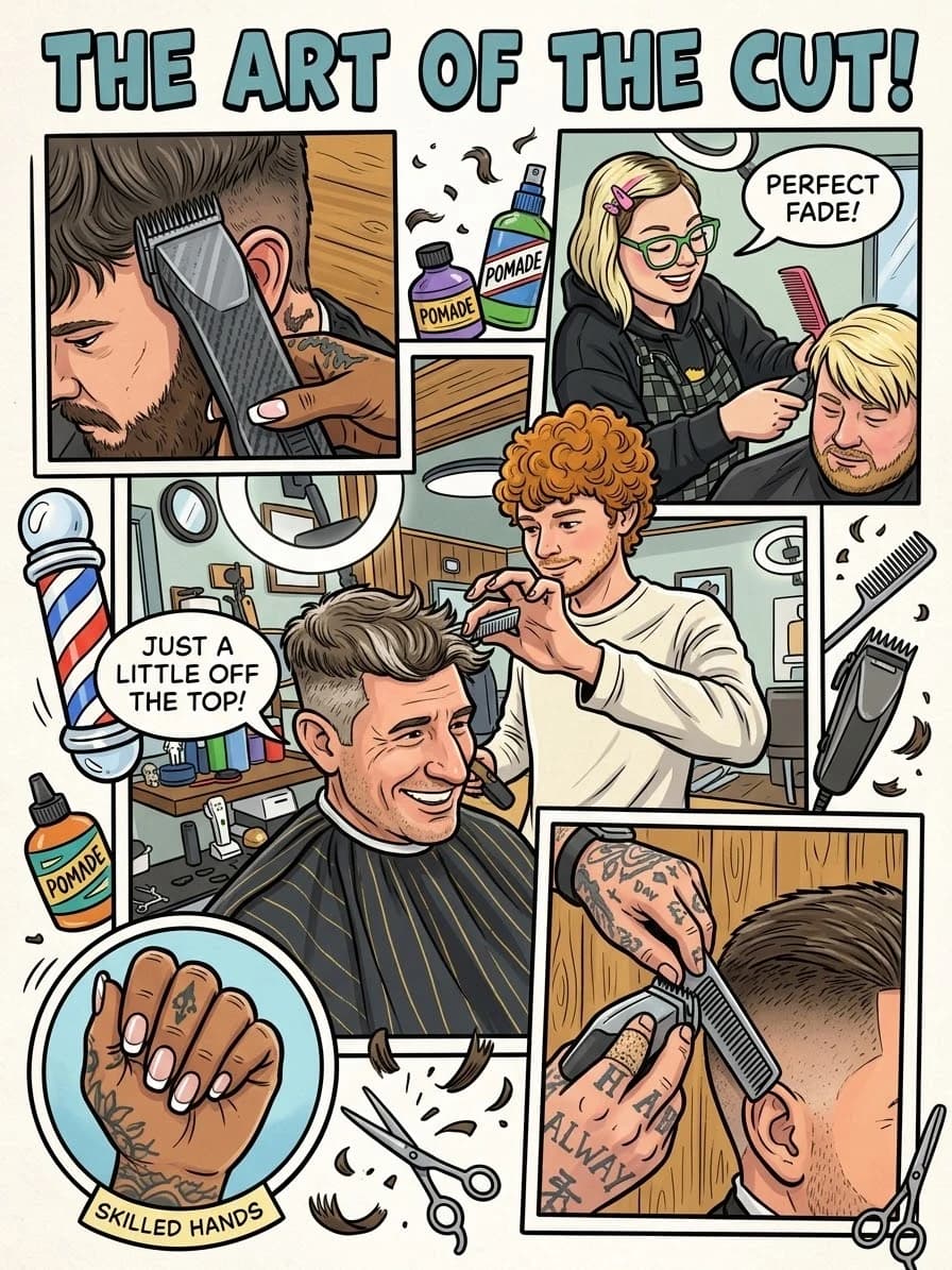 A comic-style illustration titled The Art of the Cut: clippers taking down a fade, a barber in glasses finishing a client's cut, a barber combing and cutting a smiling client in the chair, tattooed hands working scissors and comb, with a barber pole and pomade bottles around the panels.