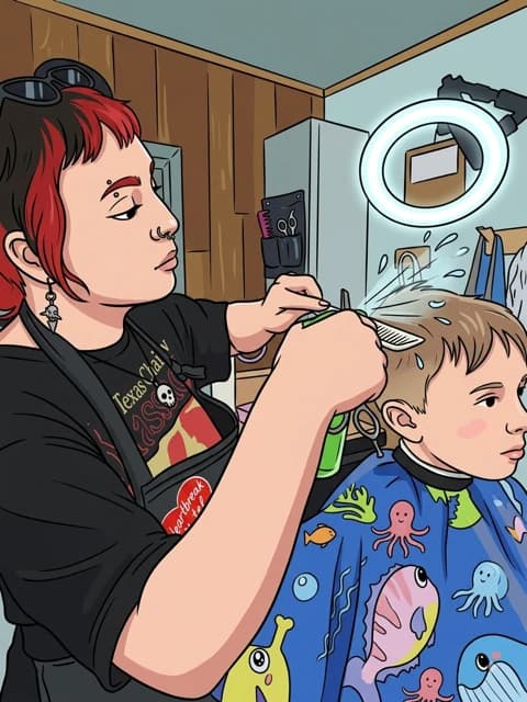 Illustrated kids' cut in progress at the station.