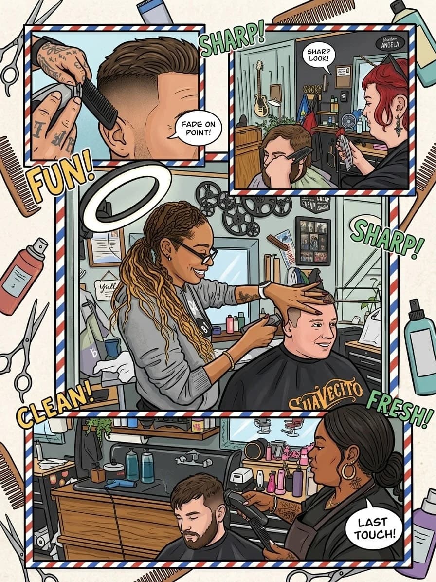 Illustrated comic panels around the shop — clipper work, a wash, a cut in progress, and the last touches.