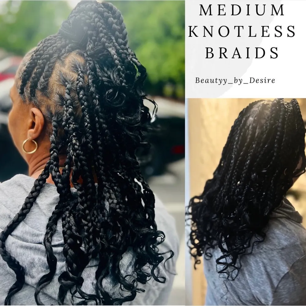 Medium knotless braids styled at Barber Shack.