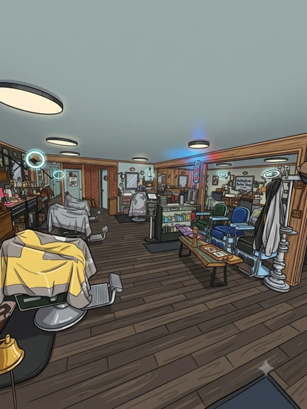 Illustrated interior of Barber Shack — chairs, mirrors, and the shop floor.
