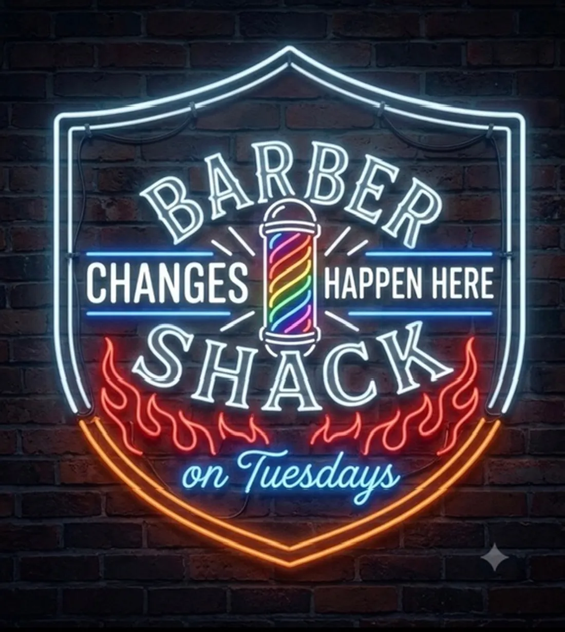 A neon Barber Shack sign reading Changes happen here on Tuesdays.